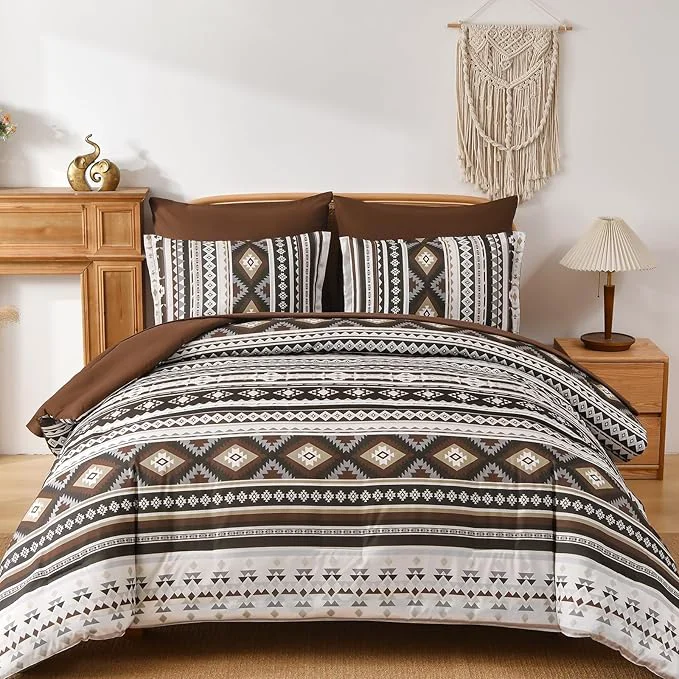 Fine Dinjoy Boho King Size Bed in A Bag 7 Pieces Drak Brown Coffee Comforter Set Aztec Striped Fall Bedding Set Bohemian Complete Set Western Geometric Taupe Comforters for Women Men 90 quot ×104 quot Dependable
