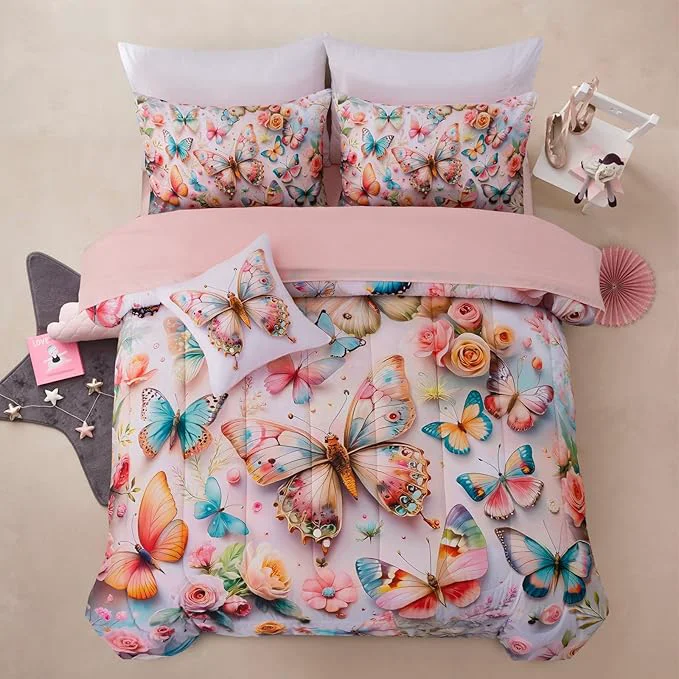 Proven A Nice Night Full 6pcs Bed in A Bag Pink and Blue 3D Various Butterfly Printed Butterflies Flying in Flower Design Bedding Full Comforter Set for Girls Kids Teens Durable