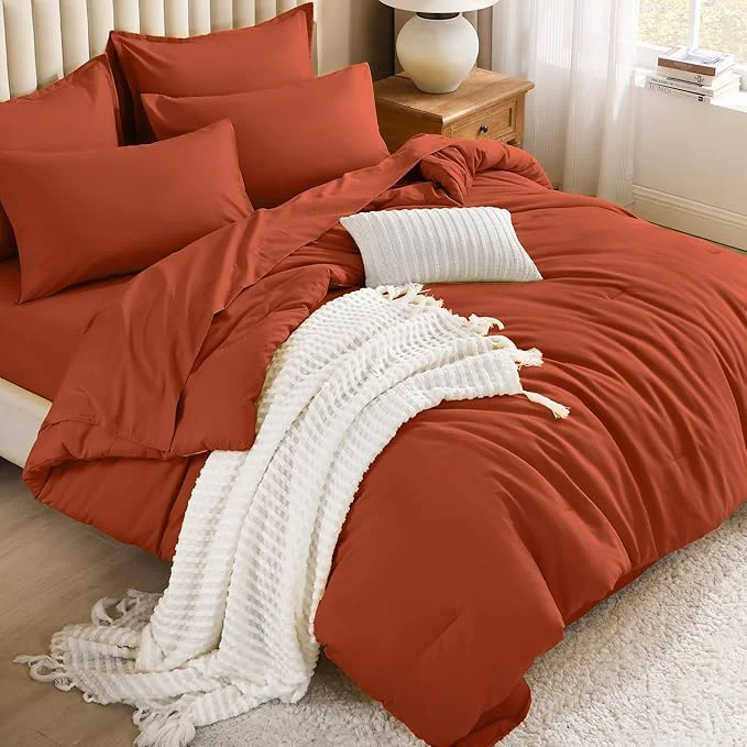 Long-Lasting Litanika Burnt Orange Comforter Queen Size Set - 7 Pieces Terracotta Bed in a Bag Queen Bedding Comforter Sets Plain Lightweight Bed Set with Comforter Sheets Pillowcases amp Shams Stylish
