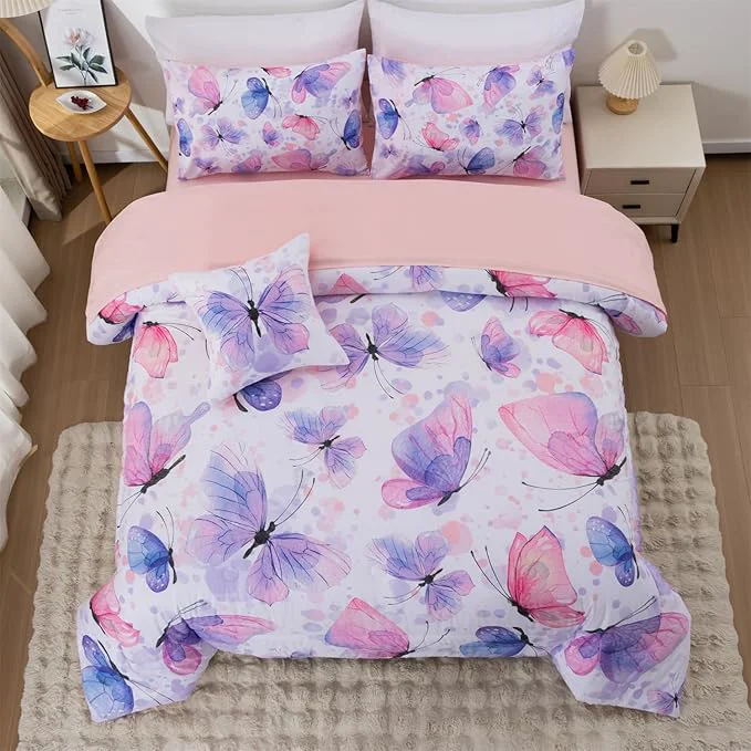 High-End A Nice Night 6pcs Queen Bed in A Bag Watercolor Ink Wash Tie-Dye Butterfly Printed Butterflies Flying Bedding Comforter Set Purple Fashionable