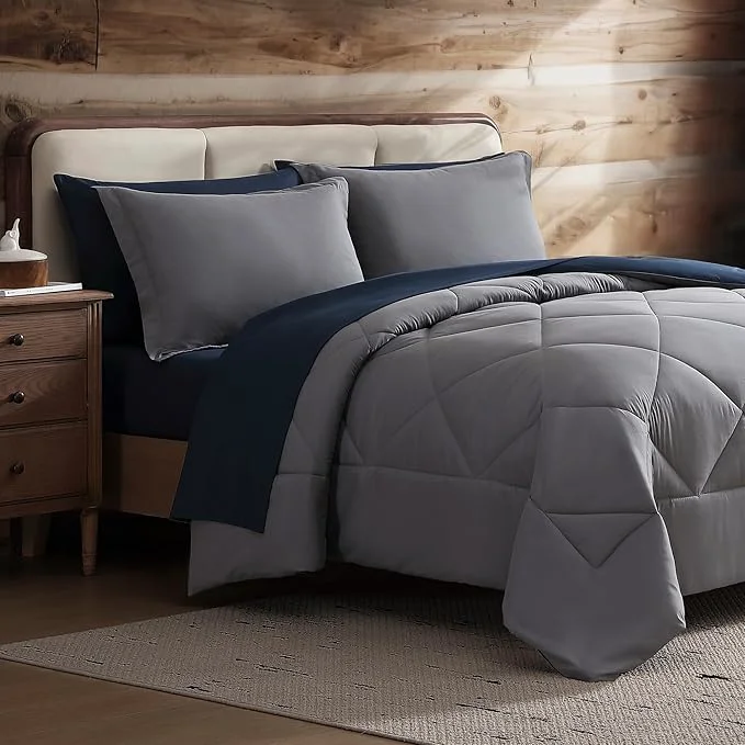 Contemporary Coleman Twin Comforter Set Reversible Bed-in-a-Bag– Double-Sided Color Options All-Season Comforter Shams Sheets – for Home Cabin or Camp Use Navy Gray High-Performance