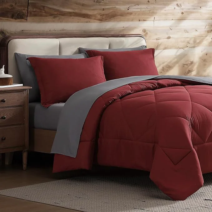 Elegant Coleman Comforter Set Full Size Reversible Bed-in-a-Bag– Double-Sided Color Options All-Season Comforter Shams Sheets – for Home Cabin or Camp Use Burgundy Gray Enhanced