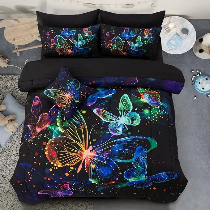 World-Class A Nice Night Galaxy Bedding Sets 3D Butterfly Flying in Space Printed Like Glitter Butterflies 6pcs Bed in a Bag Full Comforter Set for Girls Boys Kids Teens Fine Crafted