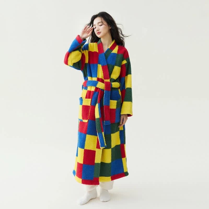 Modern Ownkoti Colorful Plaid Plush Warm Long Robe Practical