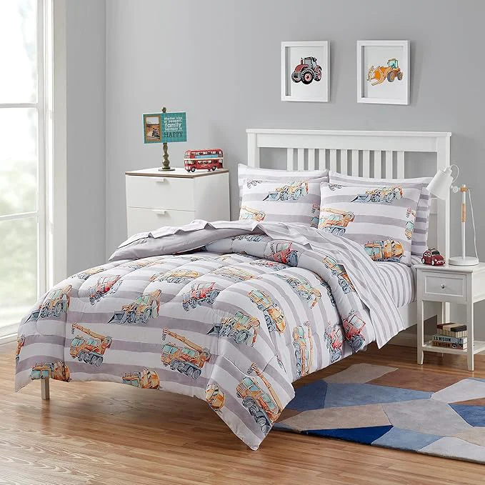 Healthy Kids Bedding Set Bed in a Bag for Boys and Girls Toddlers Printed Sheet Set and Comforter Twin Trucks Refined