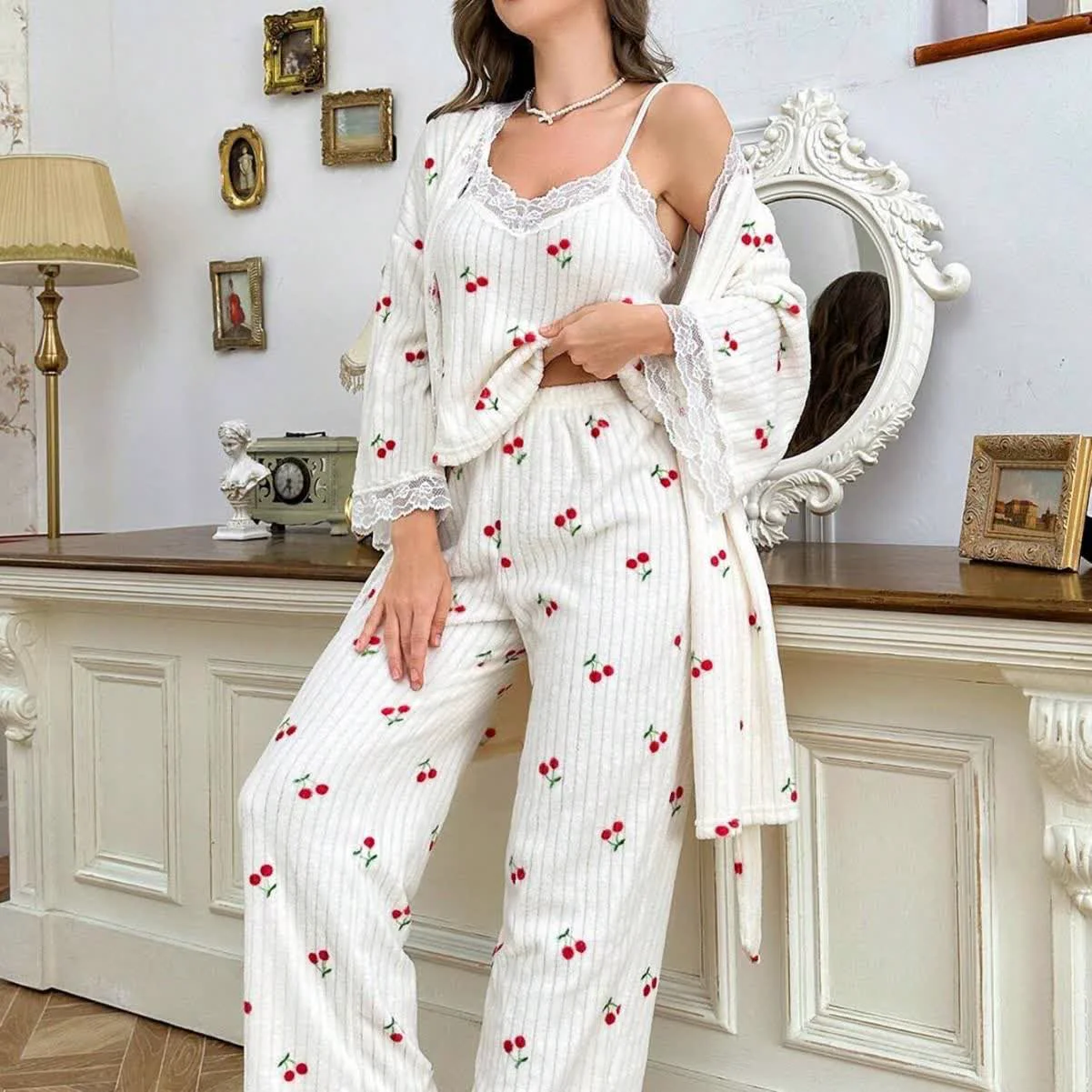 Optimized Ownkoti Cherry Print Lace Trim Pajama Set 3PCS Genuine