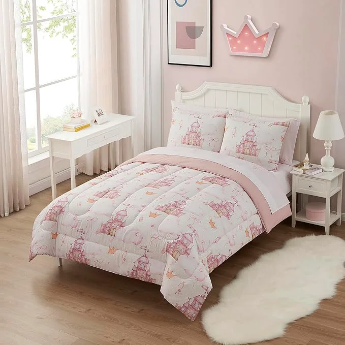 Green Kids Bedding Set Bed in a Bag for Boys and Girls Toddlers Printed Sheet Set and Comforter Full Fairytale Princess Solid