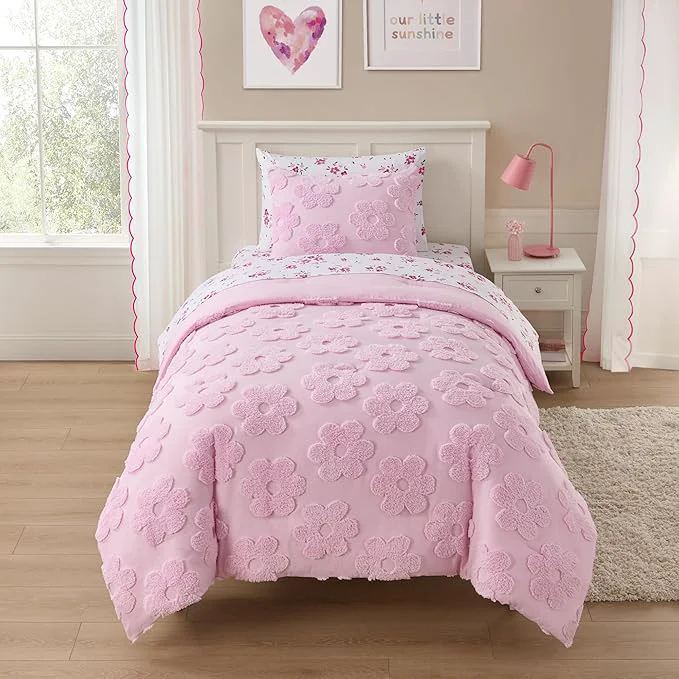 Breathable Kids Twin Size Bed in a Bag Tufted Comforter amp Sheet Set – Complete Bedding Set with Corner Strap Fitted Sheet Ultra Soft Lightweight All Season Comforter Girls Bedroom Dorm Guest Room Refined