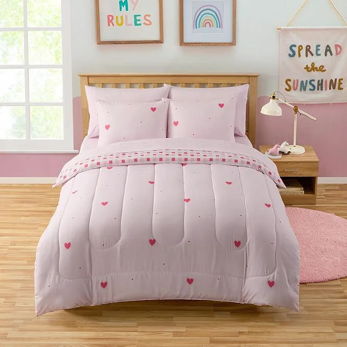 Specialty Heart Comforter Set Full Size for Girls – Soft Pink Bed in a Bag with Sheets Pillowcases amp Shams – Cute Kids Bedding with Love Hearts Design – Cozy Microfiber for Child or Tween Bedroom Decor Outstanding