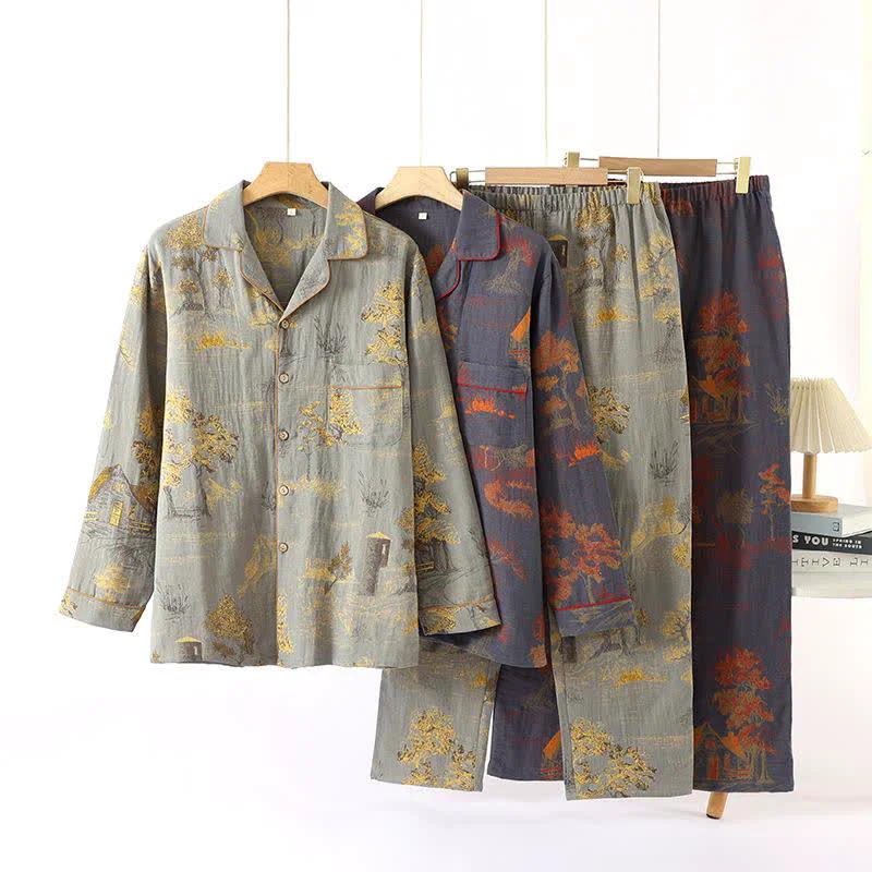 Convenient Ownkoti Retro Tree Jacquard Cotton Loungewear Set High-Performance