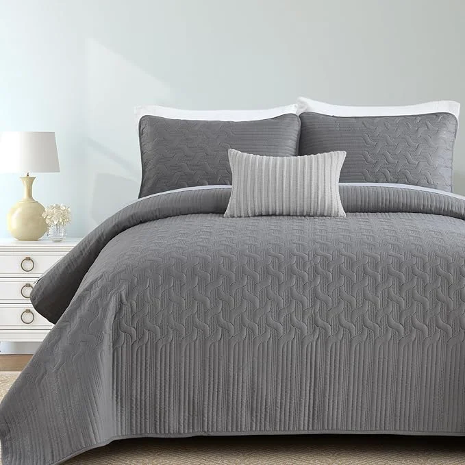 Superior Yiran Grey Quilt Set King Size Lightweight Bedspread Ultrasonic Wave Pattern Soft Microfiber Coverlet for All Season Modern Style 3 Piece Bed Cover Sets with 2 Pillow Shams 106 quot x96 quot Organic