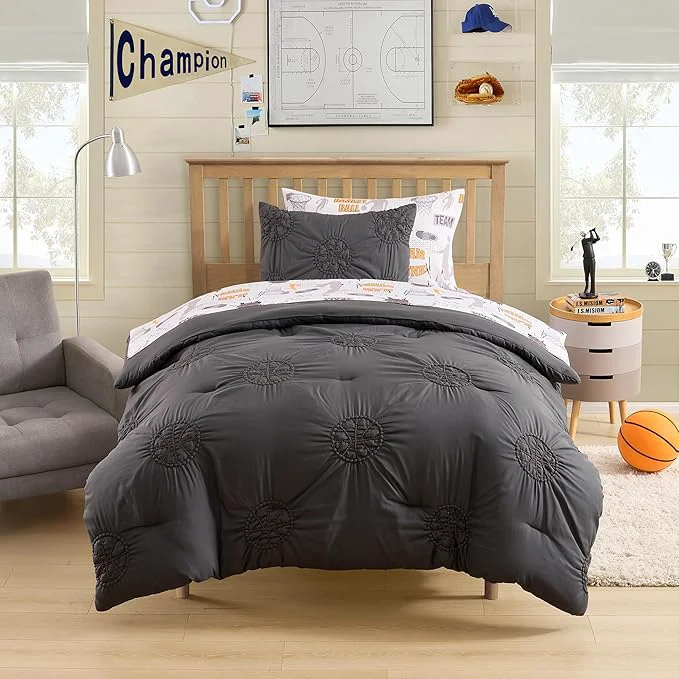 Basketball Pintuck Comforter Set Twin Size – Bed in a Bag with Sheets Pillowcases amp Shams – Soft Stylish Sports Bedding – All Season Boy s Basketball Bed Set Recyclable