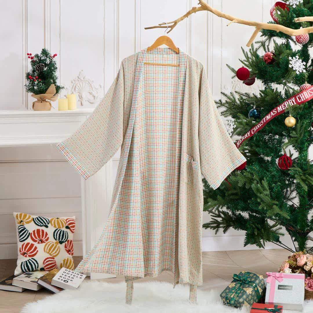 Artisan Ownkoti Colorful Gingham Cotton Gauze Kimono Robe Minimalist