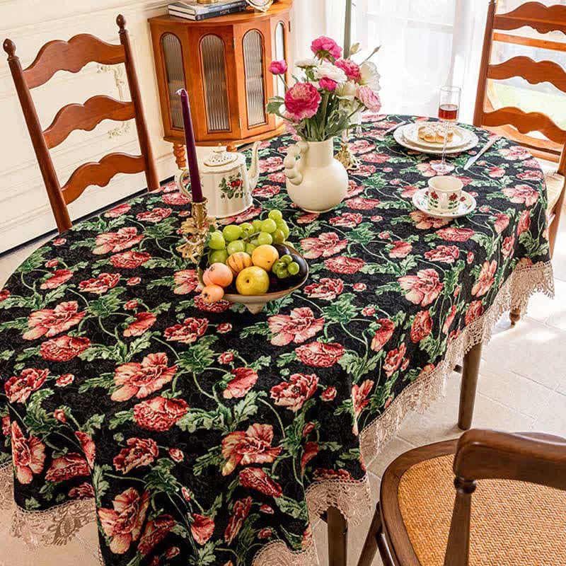 Detailed Ownkoti Elegant Lace Trim Floral Tablecloth Green