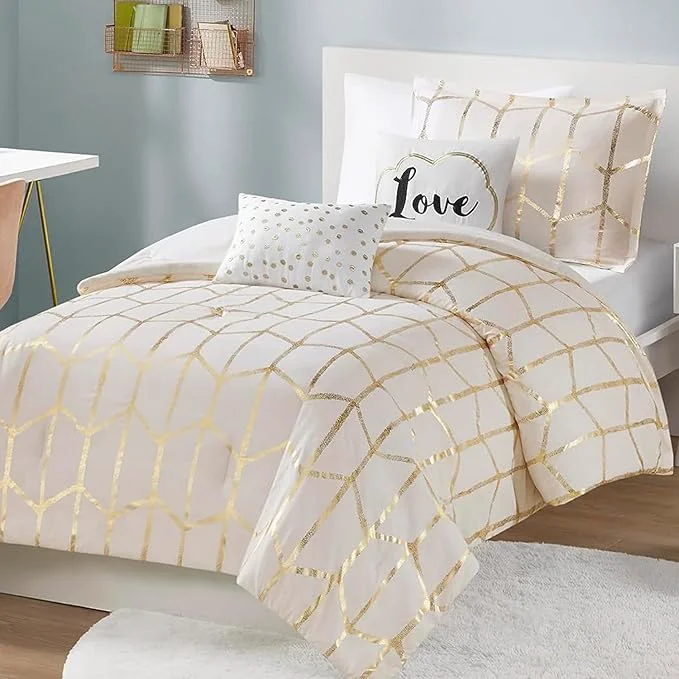 Sustainable Intelligent Design Raina Twin Twin XL Comforter Set Soft Microfiber Comforter Set Twin Modern Geometric Metallic Bed Set 4 Pieces College Bedding Comforter Set with 1 Sham 2 Toss Pillows Ivory Excellent