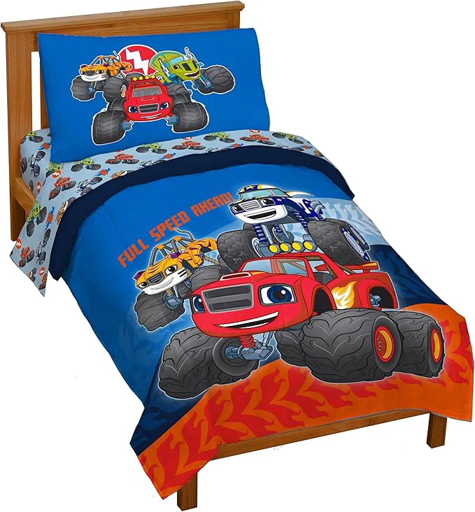 Professional Jay Franco Kids Comforter Set Includes Sheets and Pillow Covers - Soft and Cozy Bed Set for Stylish Room Decor Blue - Blaze and The Monster Machines 4 Piece Toddler Size Bedding Versatile