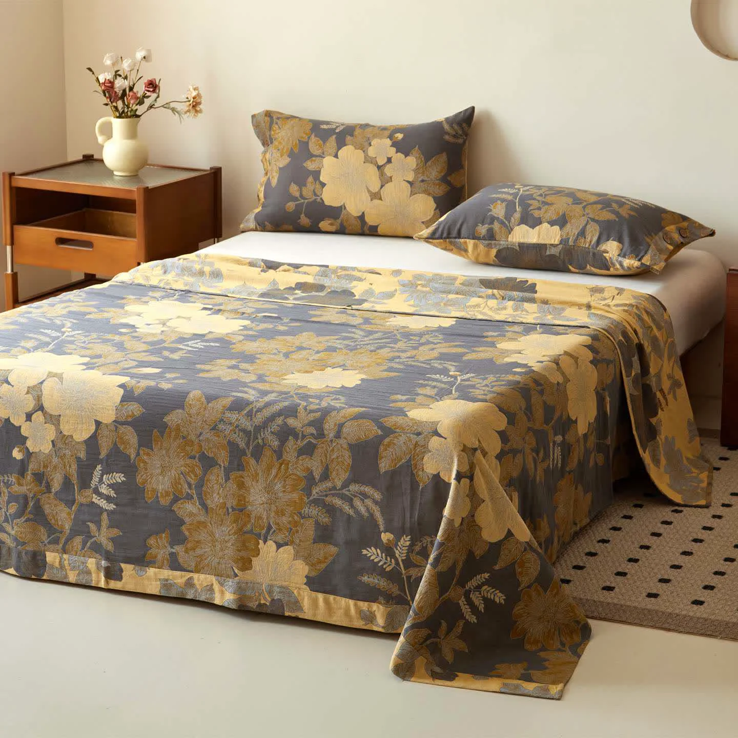 Sustainable Ownkoti Luxurious Floral Cotton Gauze Sheet Bedspread Fast