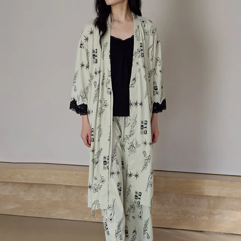 Fine Ownkoti Black Floral Leaf Robe Pajama Set 3PCS Genuine