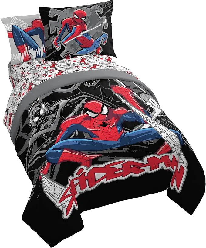 Natural Jay Franco Kids Comforter Set Includes Sheets and Pillow Covers - Soft and Cozy Bed Set for Stylish Room Decor Black - Spiderman 5 Piece Twin Bedding Modern