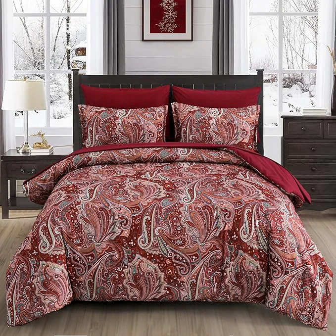 Solid DJY Red Paisley Comforter Set Queen Size 7 Piece Bed in a Bag Boho Paisley Pattern Comforter Set Soft Lightweight Microfiber Reversible Bedding Set for All Season 90 39 39 x90 39 39 High-End