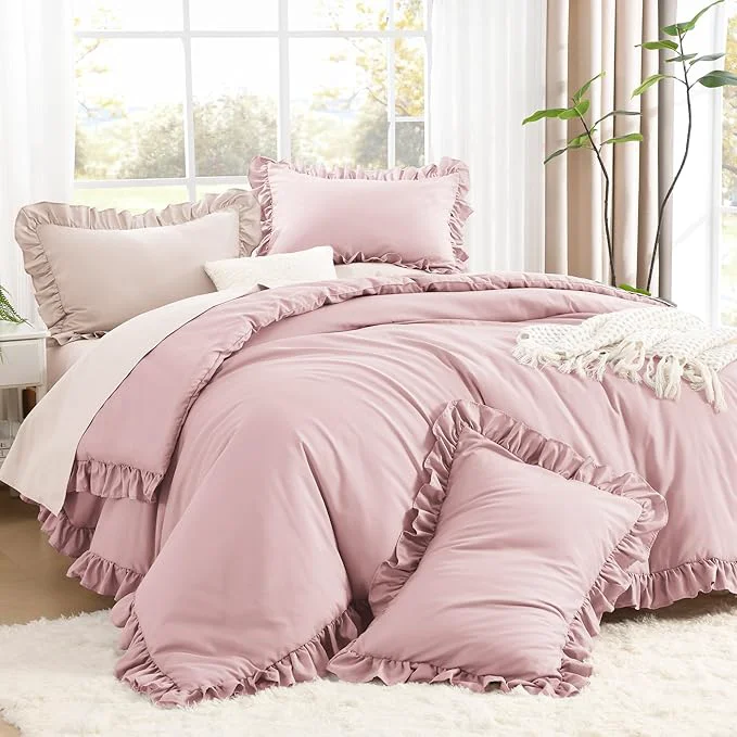 Pure Litanika Grayish Pink King Size Comforter Set 3 Pieces Ruffle Farmhouse Aesthetic Bedding Comforter Set All Season Soft Lightweight Fluffy Microfiber Bed Set 104x90In Comforter 2 Pillowcases Healthy