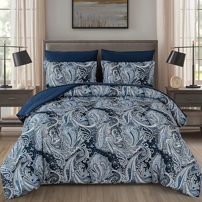 Effective DJY Navy Paisley Comforter Set Queen Size 7 Piece Bed in a Bag Boho Paisley Pattern Comforter Set Soft Lightweight Microfiber Blue Reversible Bedding Set for All Season 90 39 39 x90 39 39 Genuine