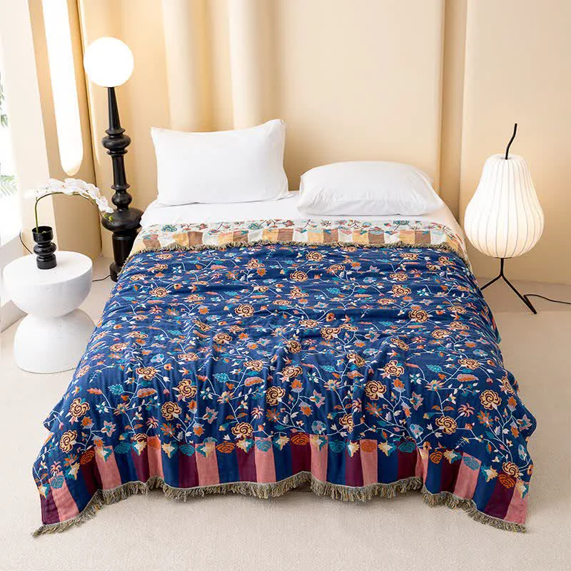 First-Class Ownkoti Rustic Blue Floral Cotton Gauze Quilt Unique