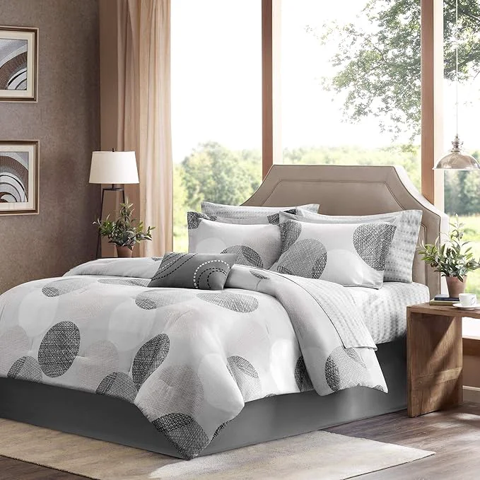 Detailed Madison Park Essentials Bed in a Bag Comforter Vibrant Color Design All Season Down Cover with Complete Cotton Sheet Set Full 78 quot x86 quot Knowles Circular Grey 9 Piece Reusable