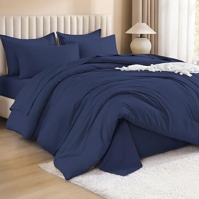Traditional Litanika California King Comforter Set Navy Blue - 7 Pieces Bed in a Bag Cal King Bedding Comforter Sets Plain Lightweight Bed Set with Comforter Sheets Pillowcases amp Shams Trendy