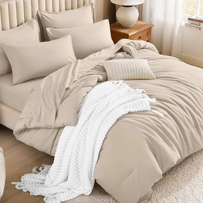 Sophisticated Litanika Comforter Queen Size Set Khaki - 7 Pieces Bed in a Bag Queen Bedding Comforter Sets Plain Lightweight Bed Set with Comforter Sheets Pillowcases amp Shams Organic