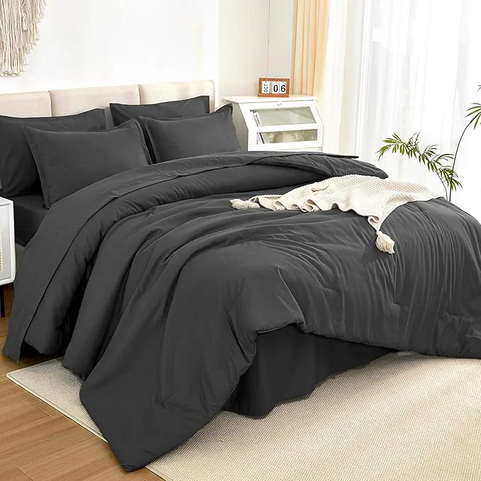 Environmentally Friendly Litanika Comforter King Size Set Dark Grey - 7 Pieces Bed in a Bag King Bedding Comforter Sets Plain Lightweight Bed Set with Comforter Sheets Pillowcases amp Shams Traditional