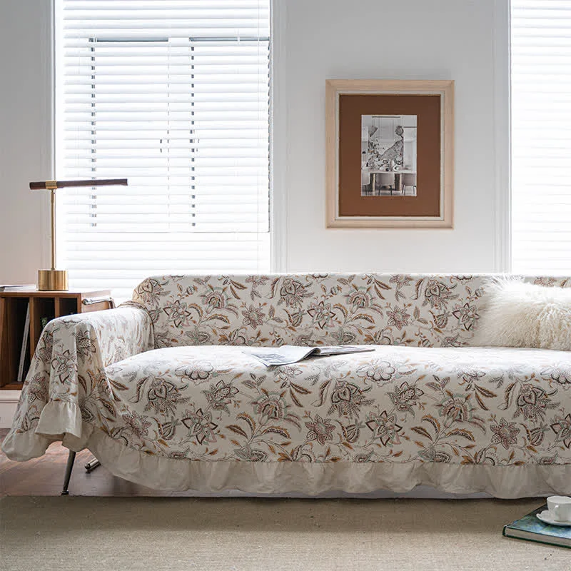 High-End Ownkoti Vintage Flower Ruffled Sofa Throw Blanket Minimalist