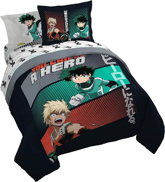 Superior Jay Franco Kids Comforter Set Includes Sheets and Pillow Covers - Soft and Cozy Bed Set for Stylish Room Decor Black - My Hero Academia 7 Piece Queen Size Bedding Recyclable