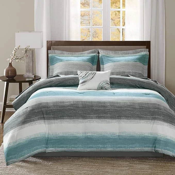 Versatile Madison Park Essentials Cal King Comforter Set Bed in a Bag Watercolor Print Coastal Comforter amp Chambray Cotton Sheet Set All Season Bedding Set Saben Aqua Cal-King 104 in x 92 in 9 Piece Trusted