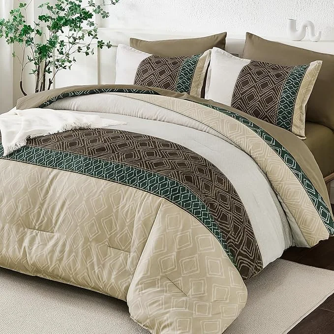 Elegant Dinjoy Khaki Brown King Size Comforter Set Striped Bed in a Bag King Boho 7 Pieces Soft Microfiber Fall Bedding Comforters Sets Bed Lightweight Taupe Complete Set for All Season Proven