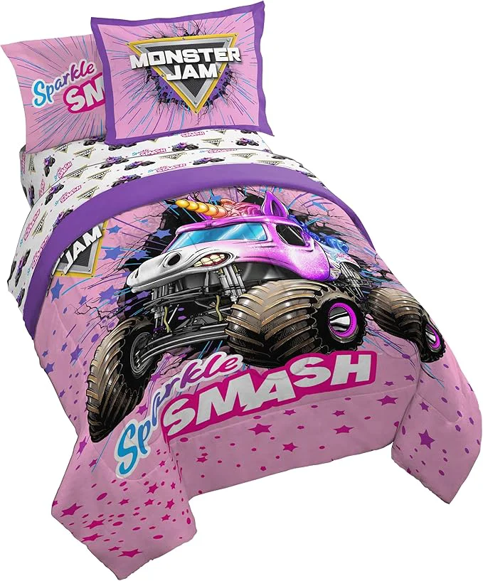Jay Franco Kids Comforter Set Includes Sheets and Pillow Covers - Soft and Cozy Bed Set for Stylish Room Decor Pink - Monster Jam 7 Piece Full Bedding Top-Quality