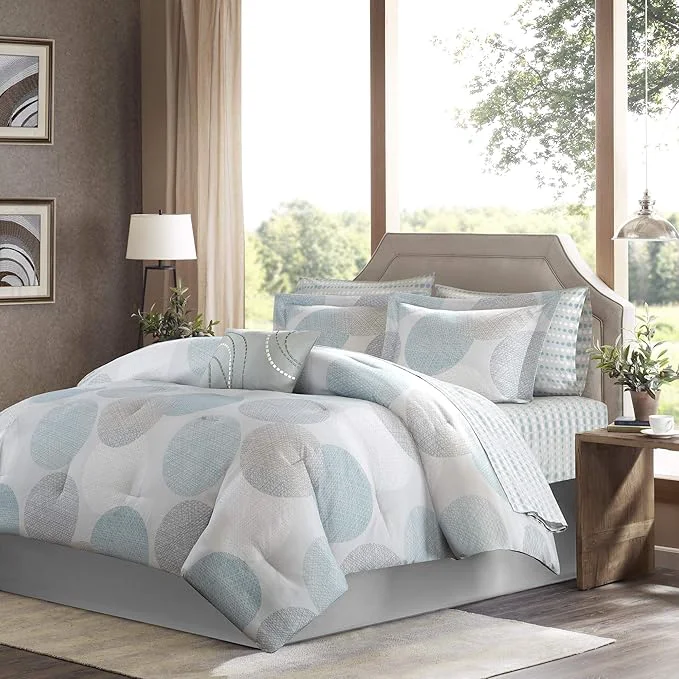 High-Quality Madison Park Essentials Bed in a Bag Comforter Vibrant Color Design All Season Down Cover with Complete Cotton Sheet Set King 104 quot x92 quot Knowles Circular Aqua 9 Piece Clean