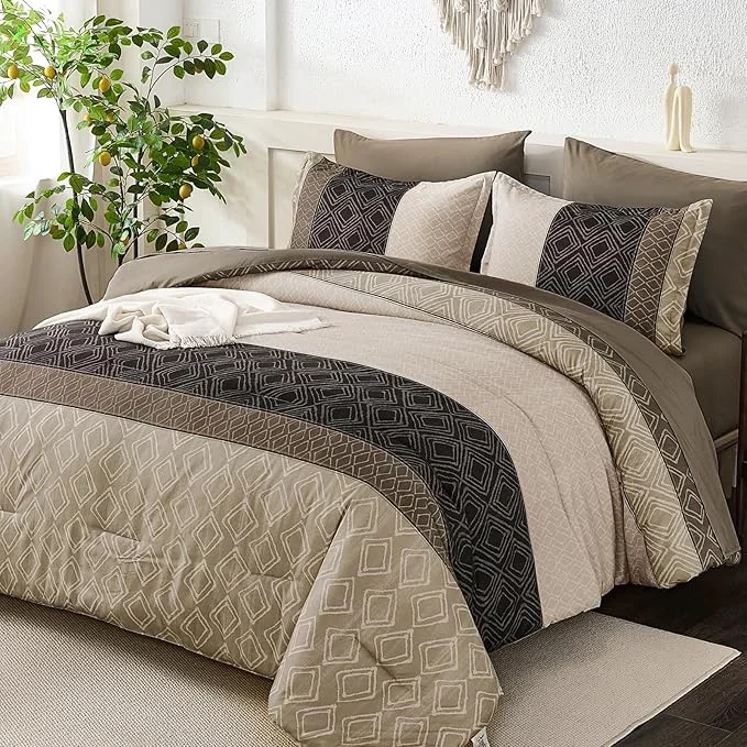 Proven Dinjoy Boho Queen Comforter Set Light Brown 7 Piece Bed in a Bag Queen Size Warm Striped Bedding Sets with Plaid Fall Comforters Bed Set with Sheets for Family All Season Specialty