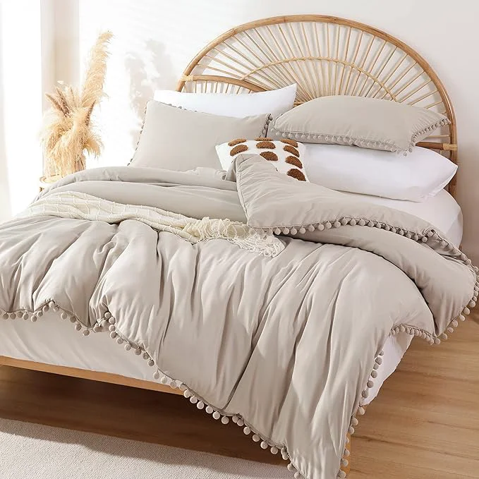 Sophisticated YIRDDEO Queen Comforter Set - Comforter Queen Size Sets with Ball Pom Fringe Soft Bedding Set for All Seasons - 3 Pieces 1 Comforter 90 quot x90 quot amp 2 Pillow Shams 20 quot x26 quot Oatmeal Refined