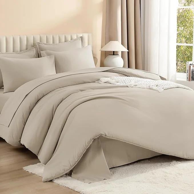 Reusable Litanika Super King Comforter Set Oatmeal - 7 Pieces Bed in a Bag Oversized King Bedding Comforter Sets Solid Lightweight Bed Set with Comforter Sheets Pillowcases amp Shams Modern