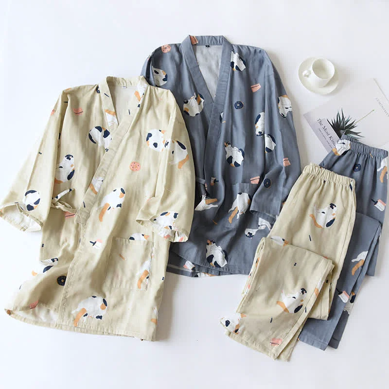 Convenient Ownkoti Matching Cat Kimono Cotton Gauze Loungewear First-Class