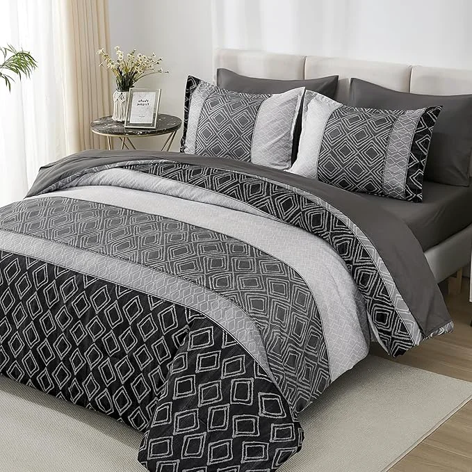 Smart Dinjoy Black Gray King Size Comforter Set Warm Boho Bed in a Bag King 7 Pieces Fall Striped Bedding Mens Comforters Sets Patchwork Bed Sets Complete Decor for Women Winter Practical