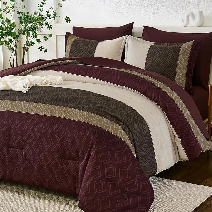 Premium Dinjoy Boho Queen Comforter Set Burgundy 7 Piece Bed in a Bag Queen Size Warm Striped Dark Red Bedding Sets Plaid Fall Comforters Set with Sheets for Family All Season Verified