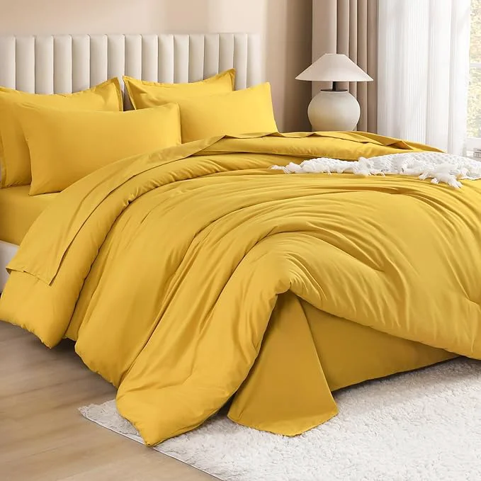 Soft Litanika Comforter California King Size Set Mustard Yellow - 7 Pieces Bed in a Bag California King Bedding Comforter Sets Plain Lightweight Bed Set with Comforter Sheets Pillowcases amp Shams Safe