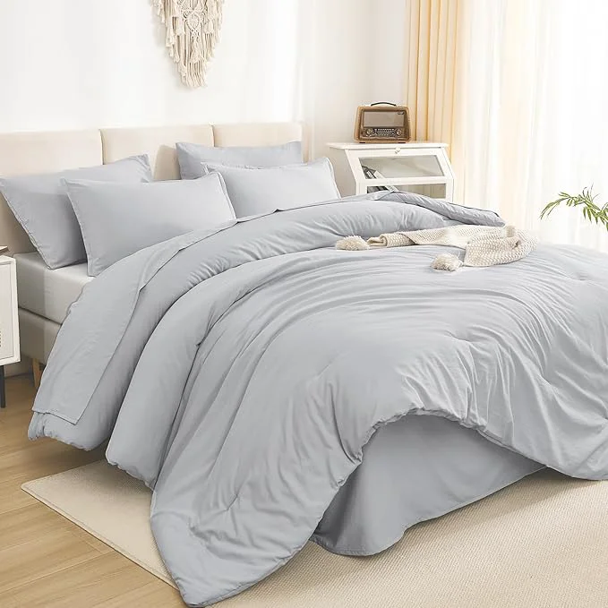 Classic Litanika Queen Comforter Set Light Grey - 7 Pieces Bed in a Bag Queen Bedding Comforter Sets Solid Lightweight Bed Set with Comforter Sheets Pillowcases amp Shams Safe