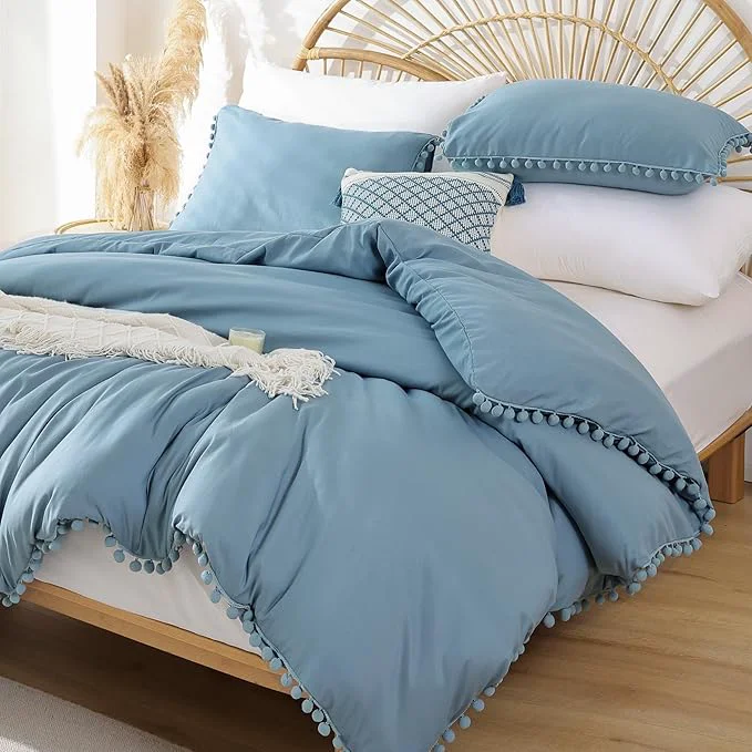 Responsible YIRDDEO King Size Comforter Set - King Size Comforter with Ball Pom Fringe Soft King Bedding Set for All Seasons - 3 Pieces 1 Comforter 104 quot x90 quot inches amp 2 Pillow Shams 20 quot x36 quot Dusty Blue Crafted