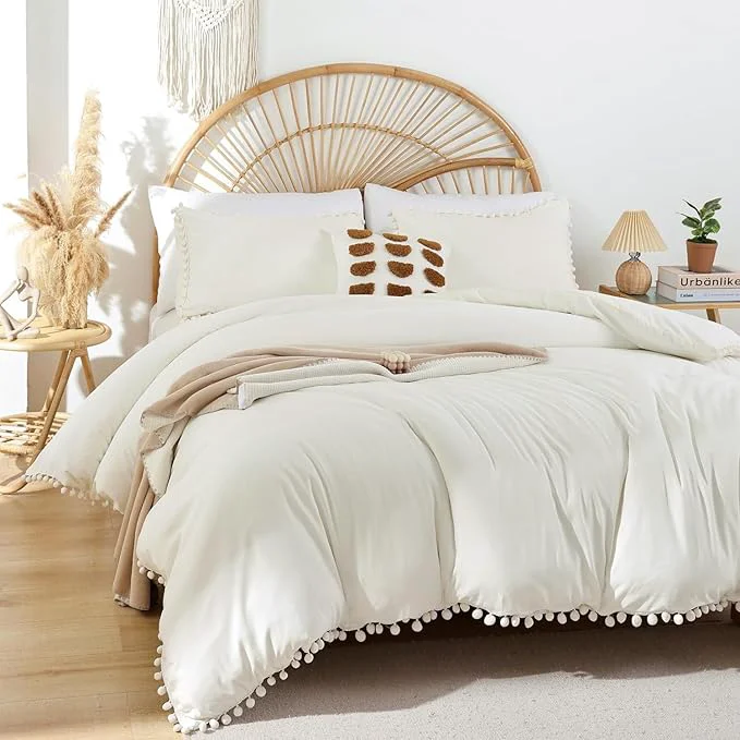 Optimized YIRDDEO King Size Comforter Set in Ivory 3pcs Boho Ball Pom Lightweight Bed Comforter Soft Solid Color Bedding Comforter Sets for All Seasons Ivory King 104 quot x90 quot Advanced