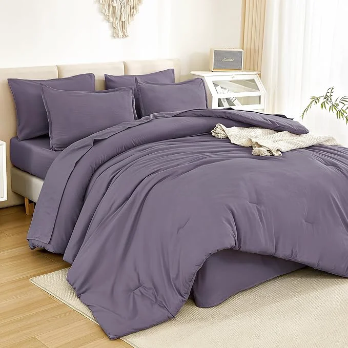 Consistent Litanika Full Size Comforter Sets Grey Purple - 7 Pieces Bed in a Bag Full Bedding Comforter Sets Solid Lightweight Bed Set with Comforter Sheets Pillowcases amp Shams High-End