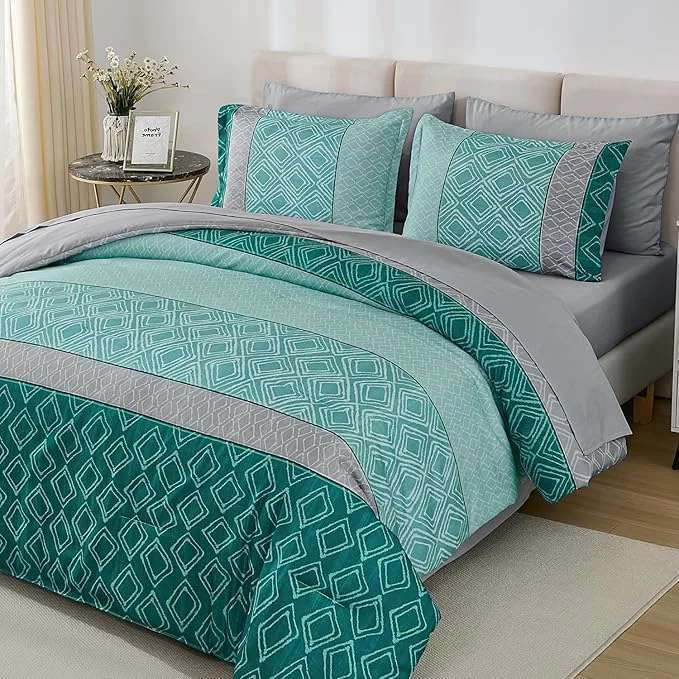 Smooth Dinjoy Teal Green King Size Comforter Set Striped Boho Bed in a Bag King 7 Pieces Soft Bedding Comforters Sets with Sheet Beds Warm Microfiber Complete Set for All Season Environmentally Friendly