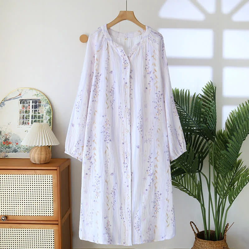 Organic Ownkoti Purple Floral Cotton Gauze Button Nightdress Fine Crafted